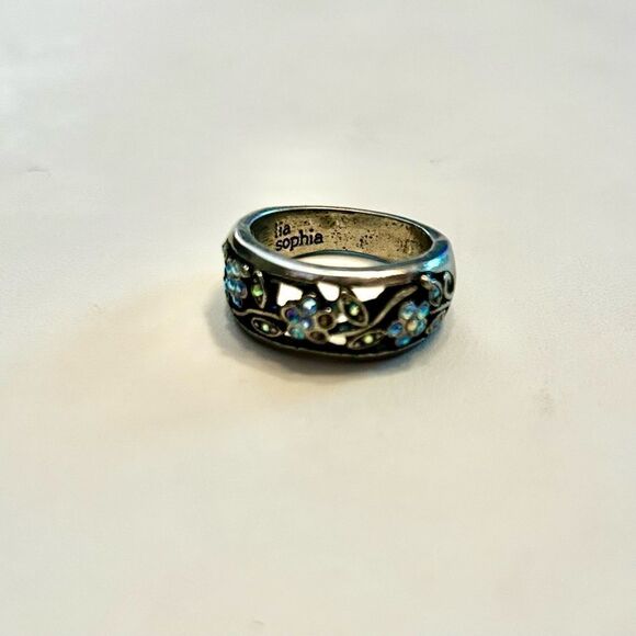 EUC Lia Sophia Floral Silver Ring with Blue Accents - Picture 4 of 5